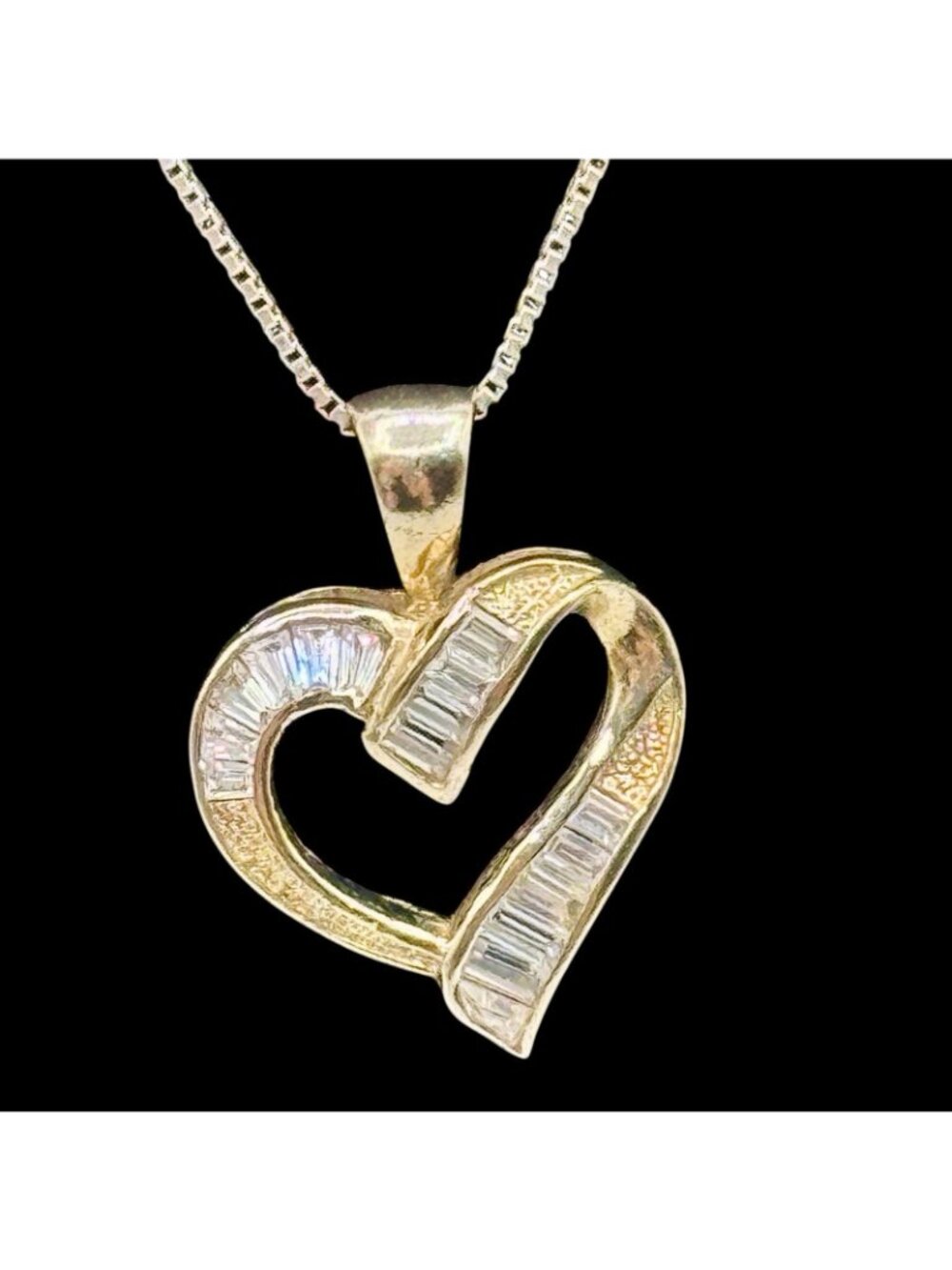 Heart Pendant Vermeil Baguette CZ Necklace Box Chain 19" 925 Cottage Fairy Love - Picture 7 of 15